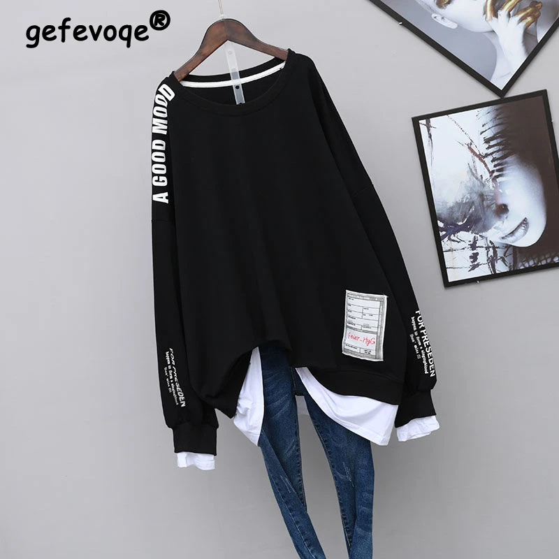 Letters Streetwear Oversized Long Sleeve Patch Designs Fake 2 Pieces Sweatshirt Women Casual Pullovers Tunic Top Female Clothing