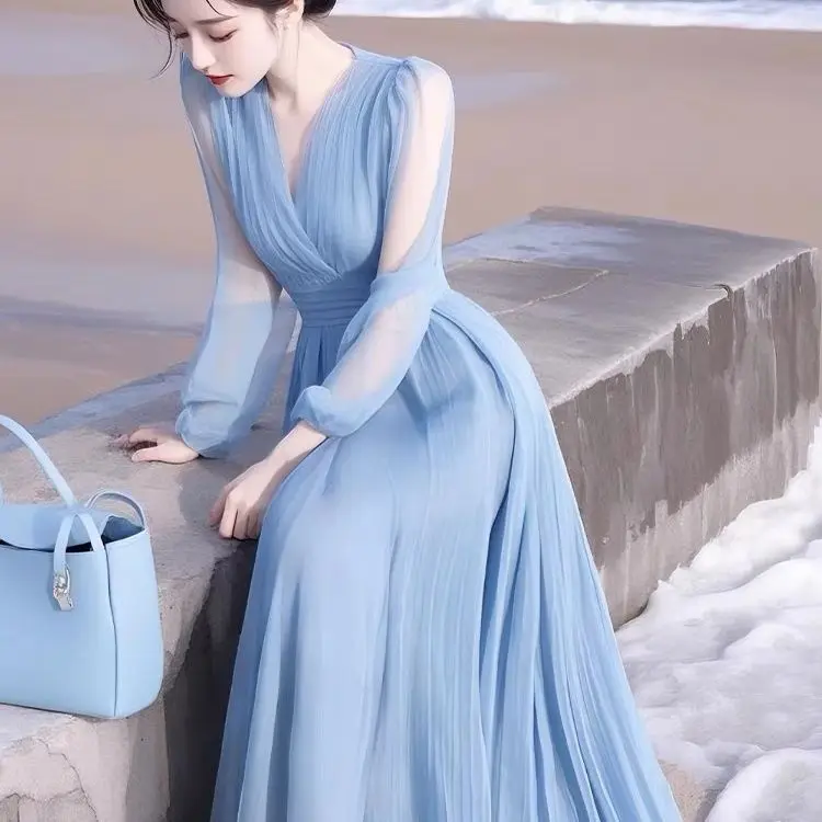 Frühlingskleidung, hochwertiges, zartes, leichtes, luxuriöses, hochwertiges, würdevolles Atmosphären-Kleid aus sanftem blauem Chiffon für Damen – Detail 11