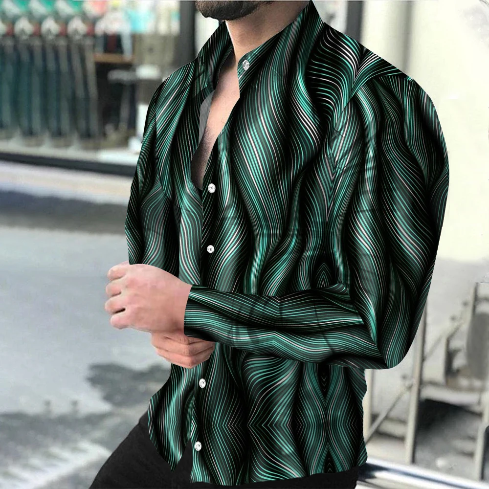 

2022 Men's Casual Shirts Striped Spring Autumn Long Sleeve T-Shirts Men's Loose Tops Fashion Lapel Printed Shirts
