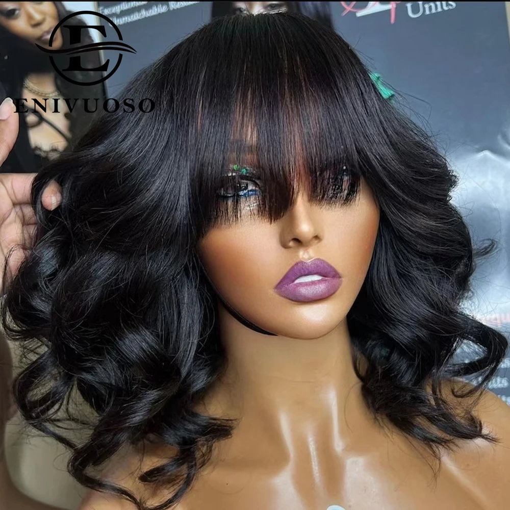 

Body Wave Brazilian Human Hair Wigs With Bangs For Black Women 180% Density 3X1 Lace Top Short Bob Wavy Wigs Pre Plucked 16 Inch