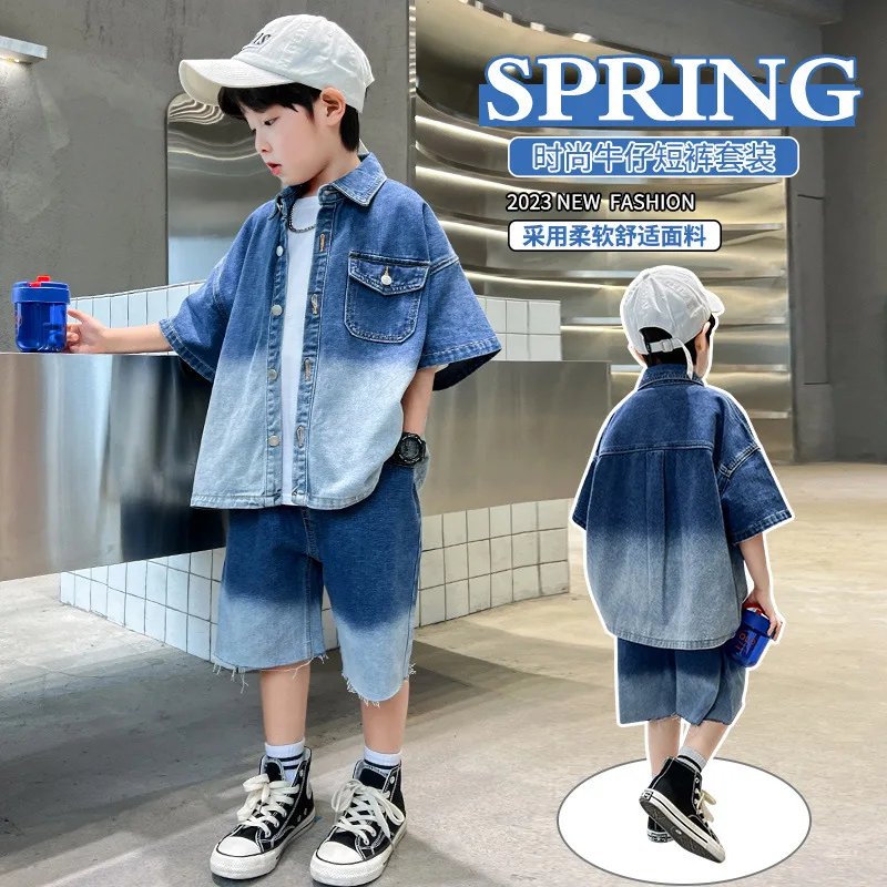 

Boys' Summer Set 2023 New Denim Gradient Medium Size Boys' Fashion Two Piece Set 4-12 Years Old