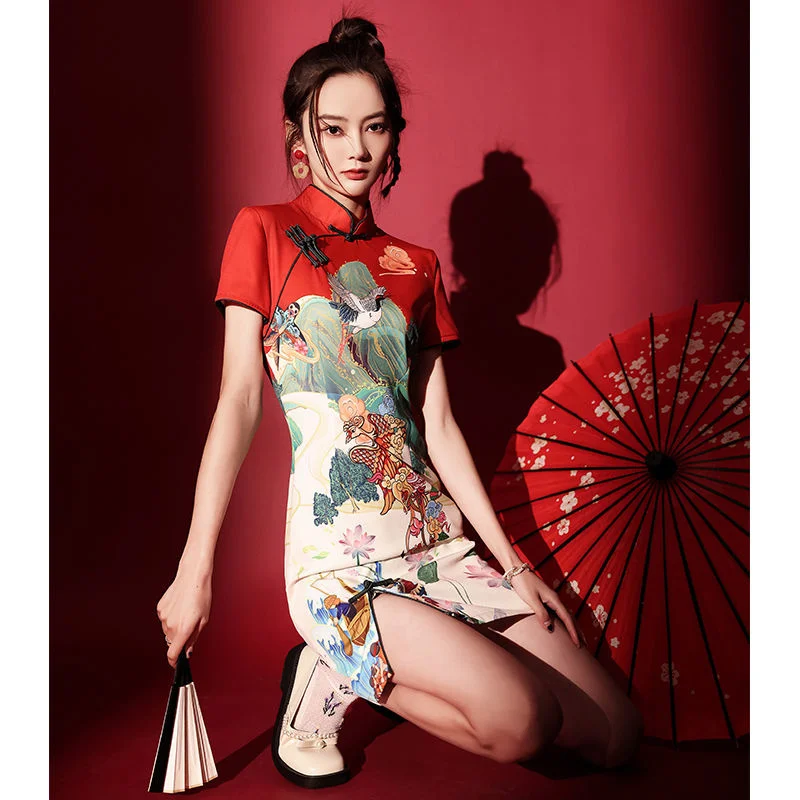 2023 Summer Sexy Short Cheongsam Fashion Print Modern Improve Vintage Elegant Slim Chinese Style Evening Dress Qipao for Women