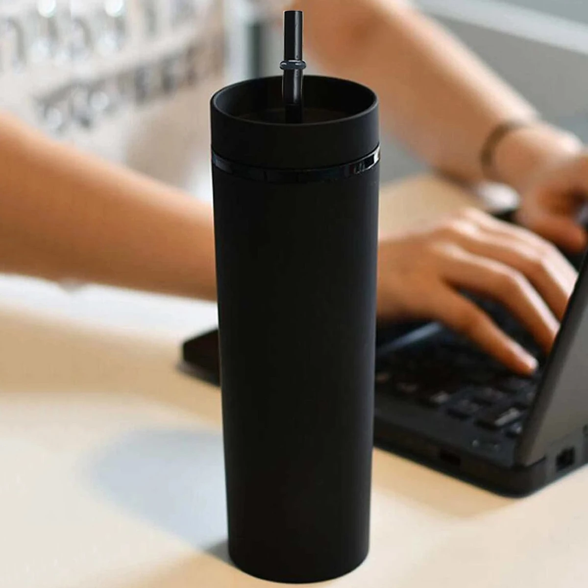 1pc-Double layered plastic cup with high aesthetic value and large capacity, straight tube cold drink, portable cup, straw cup