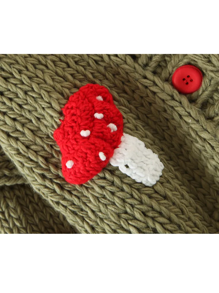 2022 Autumn Winter Sweet Cute Handmade Mushroom Sweater Women Loose V-Neck Casual Short Knit Cardigan Jacket Female Coat 5