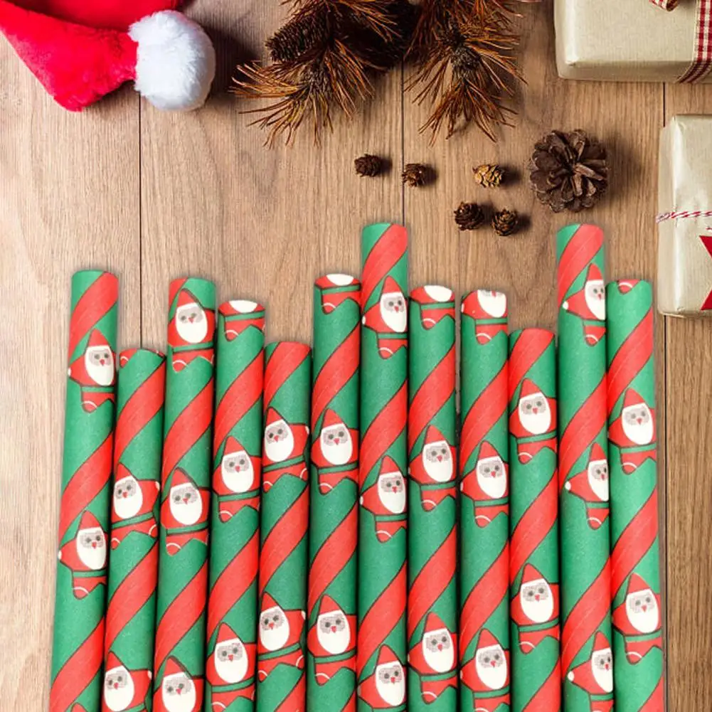 100Pcs Christmas Straws Festive Print Disposable Paper Drinking Straws Biodegradable Paper Christmas for New Year Party