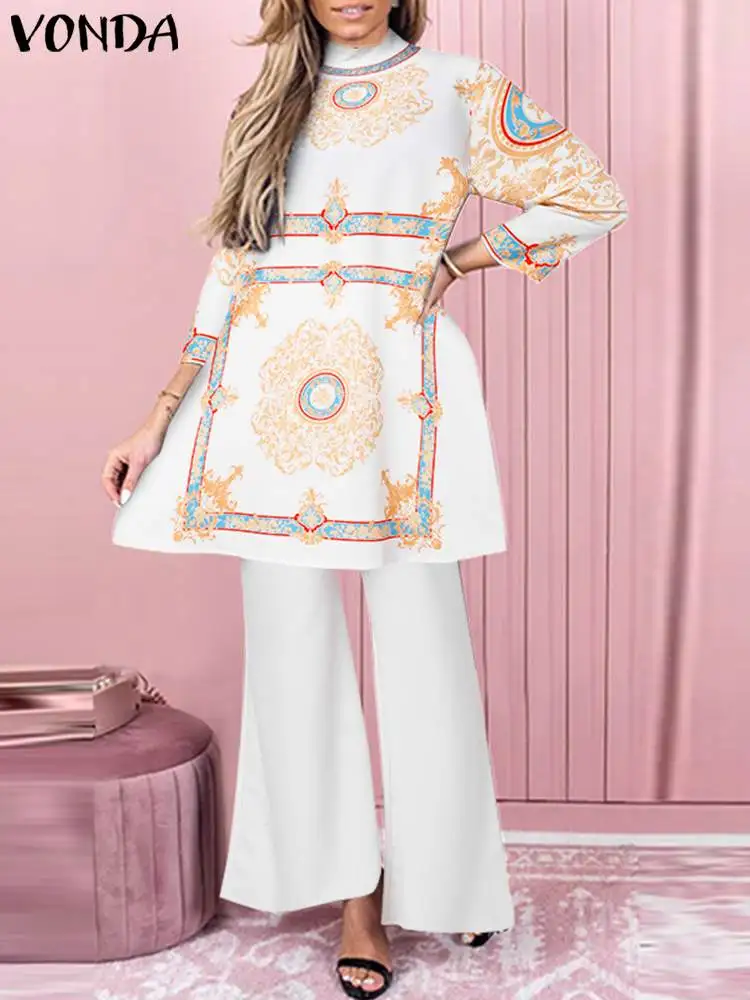 

Костюм брючный VONDA женский с рукавом 3/4 и воротником-стойкой, модный винтажный топ с принтом, брюки с широкими штанинами 2024 в богемном стиле, повседневный свободный комплект из 2 предметов