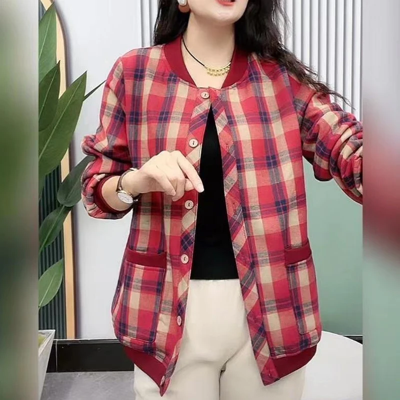 Autumn Winter Contrast Color Plaid Fashion Long Sleeve Jacket Women High Street Casual Button Pockets Plus Velvet Warm Cardigan