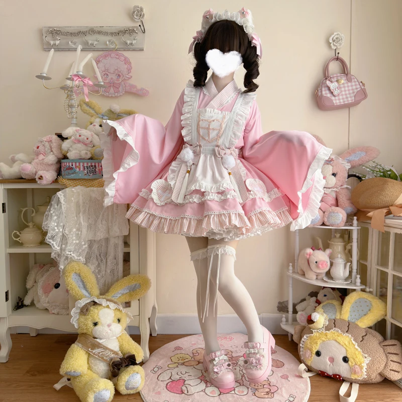 Japanese Gothic Lolita Bow Apron Maid Kimono Dress Women Girl Y2k Kawaii Animation Show Dresses Cat Halloween Cosplay Costumes