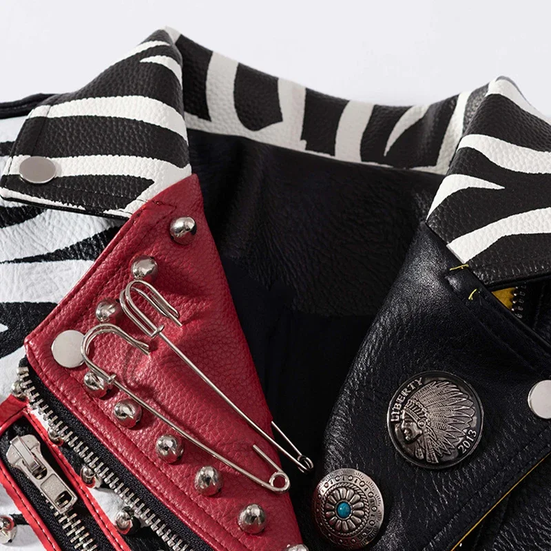Punk Rivets Cropped Leather Jacket for Women 2024 Trend Streetwear Graffiti Print Contrast Faux Leather Motorcycle Jacket