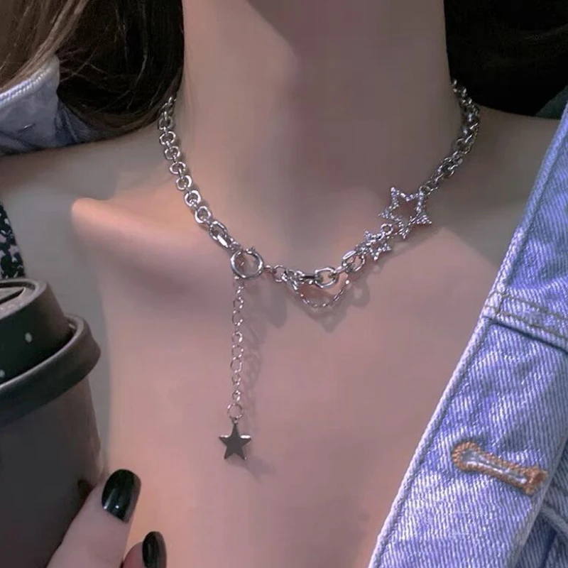 Kpop Irregular Star Necklaces Chain Y2K Zircon Crystal Beads Tassel Butterfly Asymmetrical Choker Necklaces Jewelry Gift