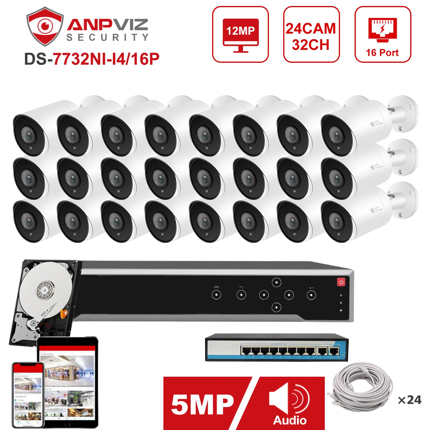 Anpviz Security Protection System 24Pcs 5MP POE IP Camera Outdoor  4K 32CH NVR Plug&Play IP66 30m Remote Security Protection P2P