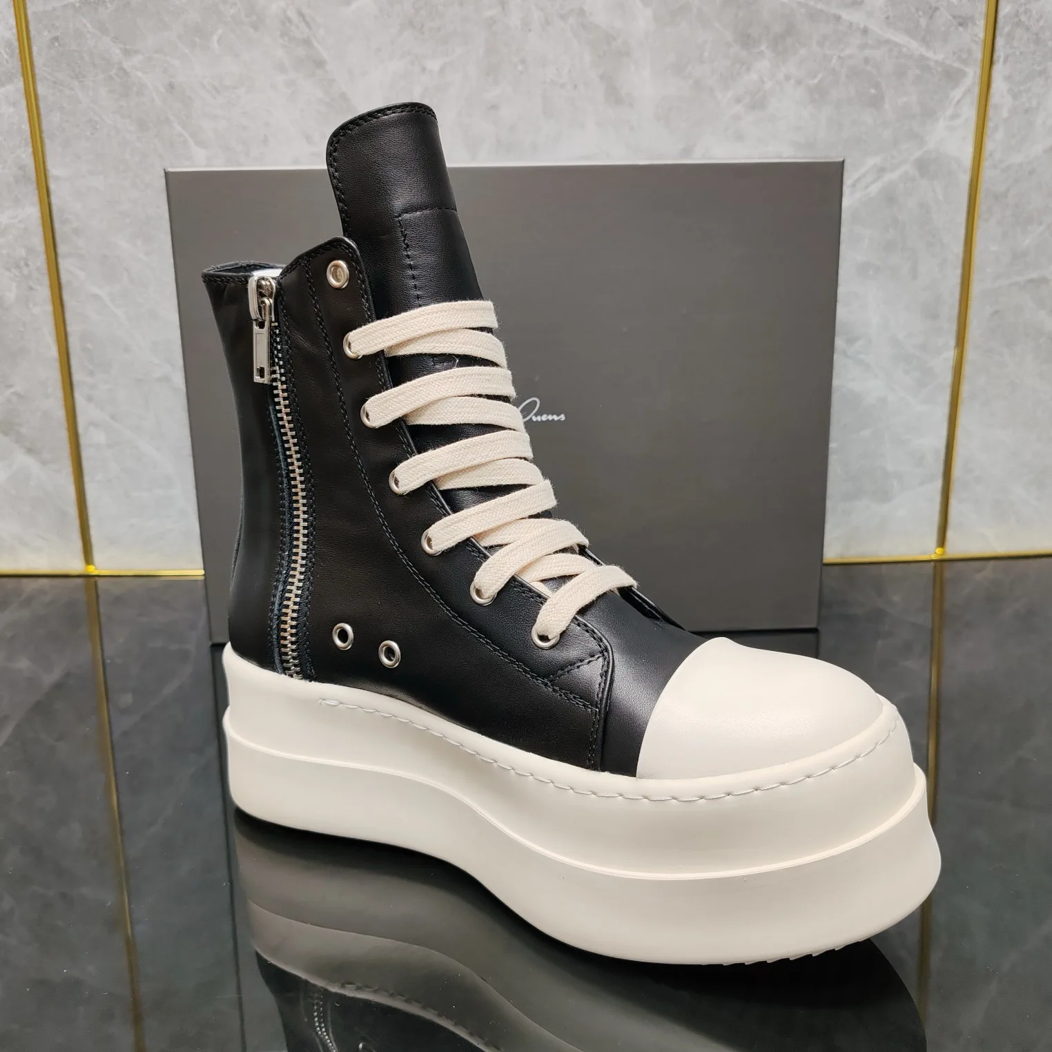 Ricks shoes niche shoes black zipper high-top Joker casual increase leather thick soleplate shoes