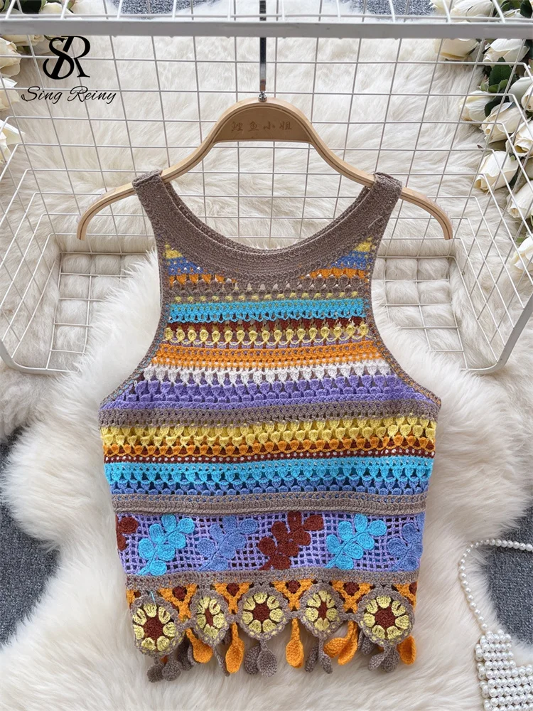 SINGREINY Bohemian Rainbow Knit Tops Y2k Hooked Flower Hollow Out Sleeveless Sweet Summer Women Holiday Beachwear Colorful Camis - Image 4