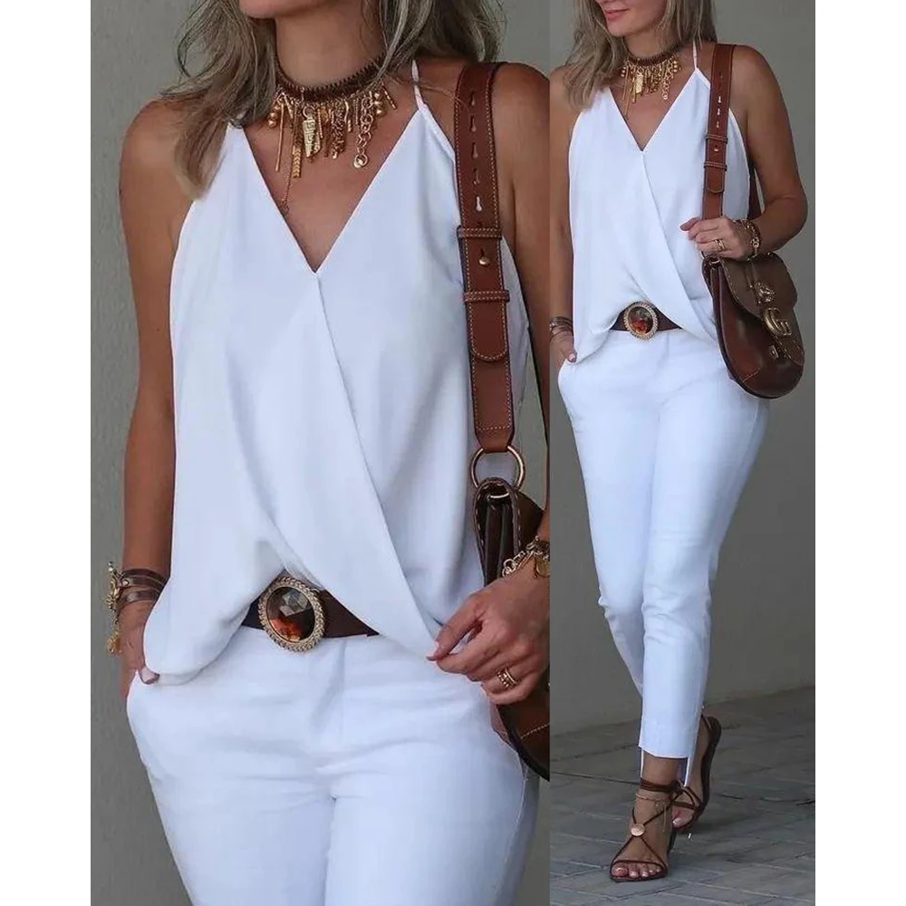 

2023 NEW Summer Women Sleeveless V-Neck Casual Tank Top Female Casual Solid White Tee Cami Tops y2k Woman Streetwear Clothes