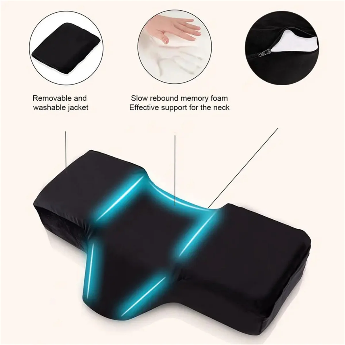 Lash Neck Pillow for Lash Extensions Ergonomic Pillow Memory Foam Bed Pillow+Side Pocket Ergonomic Curve Black