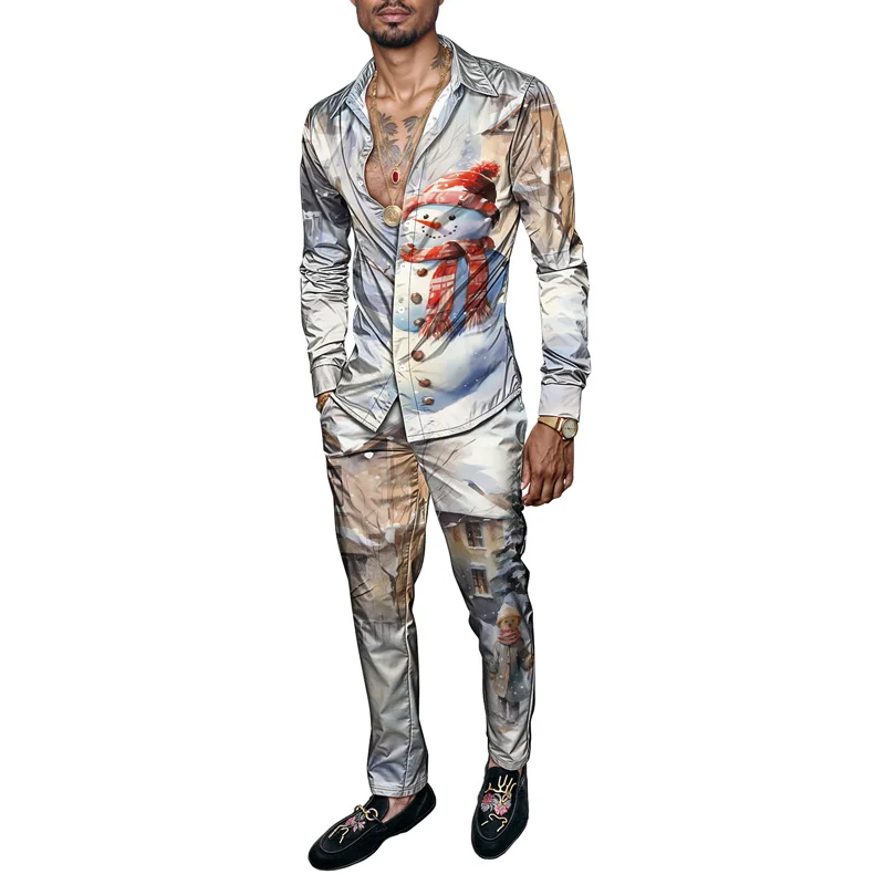 2025 Trendy Spring Summer Men Shirt Set Christmas Print Fashion Gingerbread Man Two Piece Set Mens Snowman Lightweight Party_viptrois.com