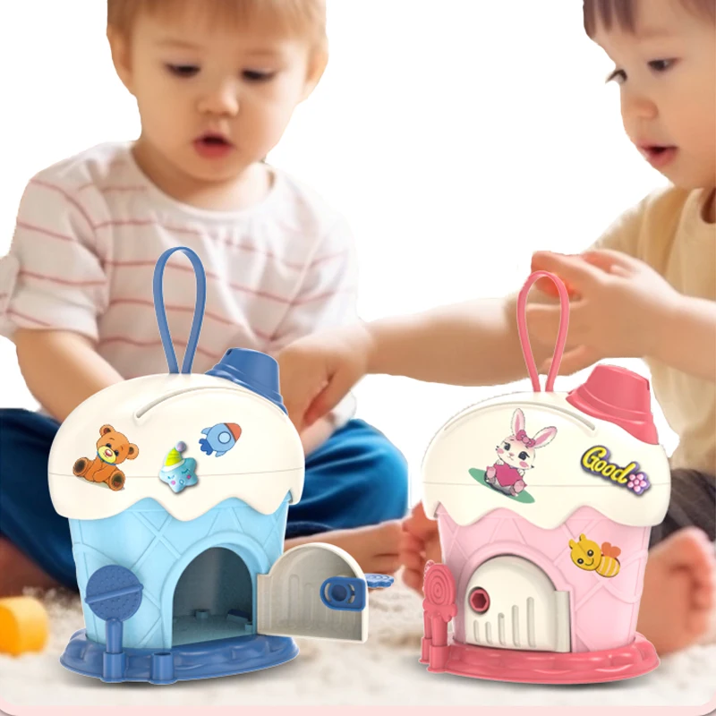 Kids Piggy Bank Ice Cream Hut piggy bank Cartoon DIY Stickers Saving Money Box with Keys Kawaii Large Capacity Toy for Kids Gift
