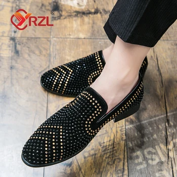 YRZL Dress Shoes Men Rhinestones Decorate Leather Shoes Slip on Flats New Design Moccasin Party Wedding Office Shoes for Men ጫማ ሰብኡት ራይንስቶን ብቘርበት እተሰርሐ ጫማ ኣብ ቅጥራን ሓድሽ ንድፊ ሞካዚን ናይ መርዓ ቤት ጽሕፈት ሰብኡት ጫማ - Image 6