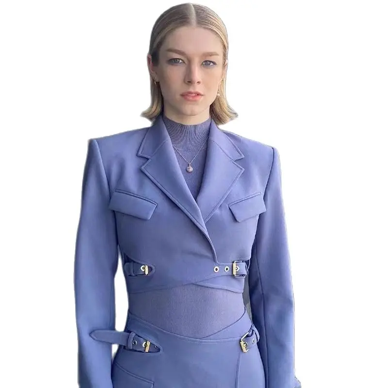 

Women's Suit with a Skirt Hunter Schafer Same Style Violet Lace-Up Button Short Suit Jacket Elegant Slim Fit Casual Short Sets