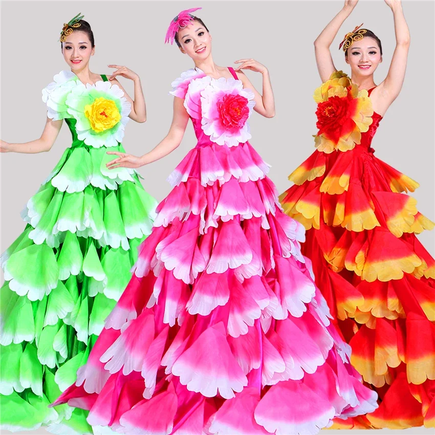 Dance Gypsy Skirt Woman Spain Belly Costumes Big Petal Spanish Chorus Stage Performance Wear 360-720Degrees Flamenco Dress Women flamenco dresses