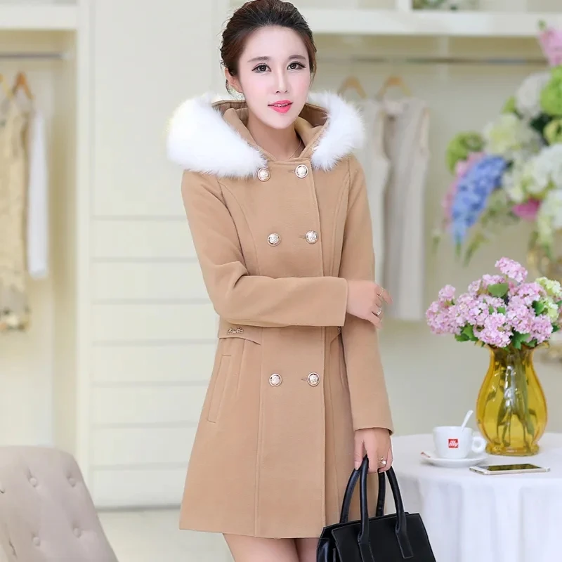 

Woolen Coat Womens 2022 Winter New Temperament Fashion Slim Wool Jacket Women hooded Fur Collar Warm Double Breasted Outerwear