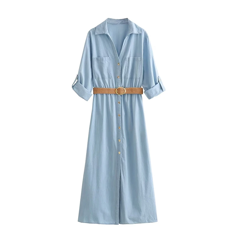 

Autumn Women Light Blue With Belt Denim Long Shirt Dress