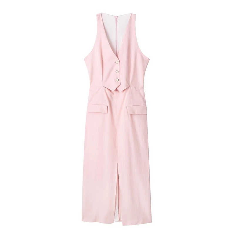 

Summer New V-neck Sleeveless Pink Vest Style Linen Hollow Dress Slim Slit Long Skirt