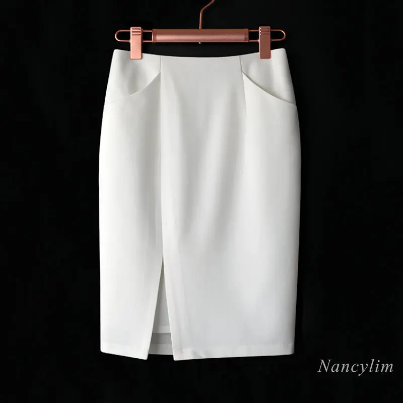

White Skirt Office Women 2023 Spring Commuter High Waist Slit Mid-Length Business Hip-Wrapped Skirts Ladies One-Step Skirt Black