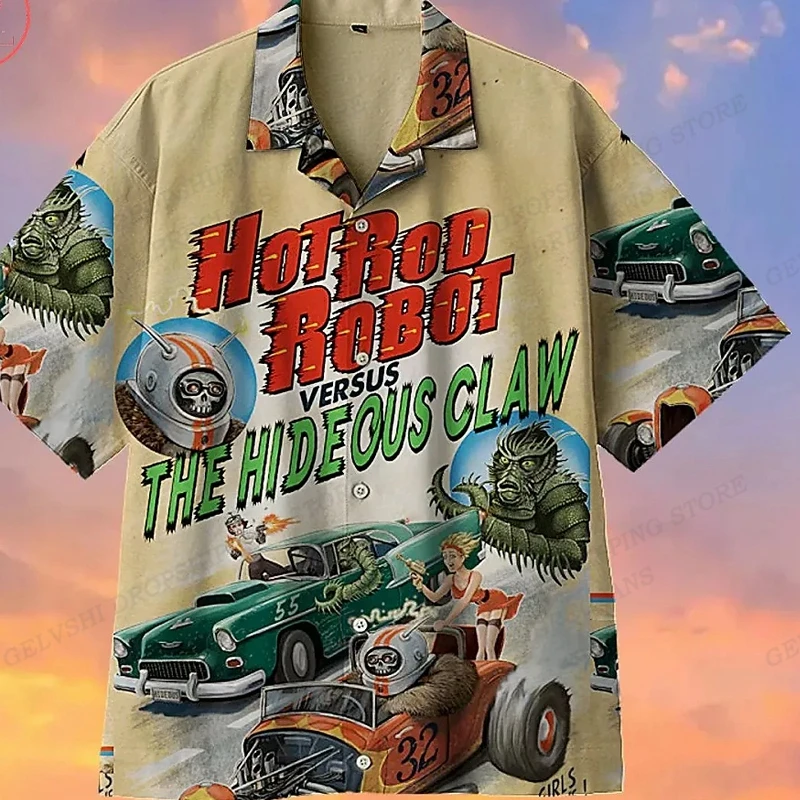 Men's Hawaiian Shirt Car Graphic Print Shirts Men Fashion Casual Beach Blouse Vocation Lapel Motorcycle Camisa 3