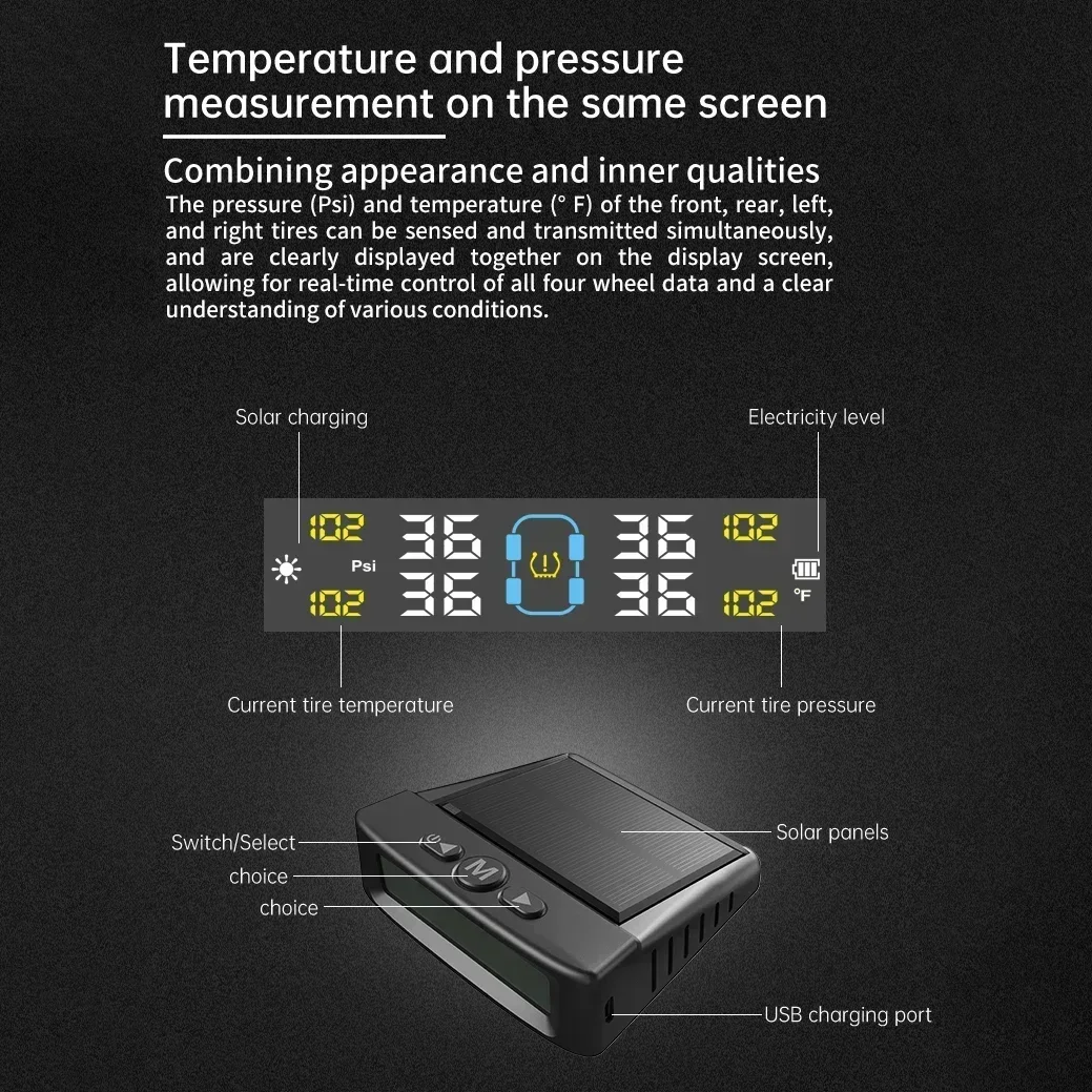 TPMS Tire Pressure Monitoring System Car Safety Alarm System Wireless Solar&USB Powered 4 Sensors with Color Digital Display car tire pressure monitor