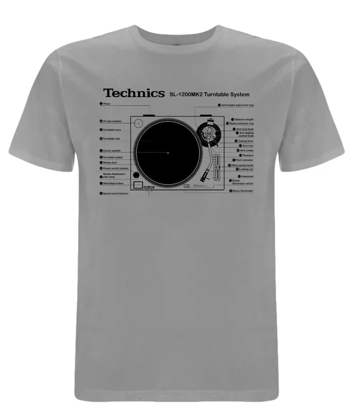 New Technics 1200-Mk2 T-Shirt Con Sistema Giradischi Grigio S-Xxl Dj Decks Vinyl Record