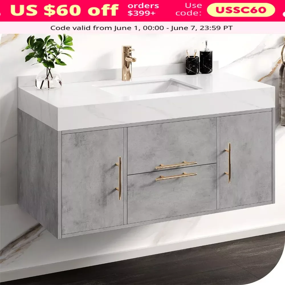 40 Inch Bathroom Vanity, Wall Mounted Vanity with Sintered Stone Countertop and Ceramic Basin Sink, Bathroom Cabinet with Sink
