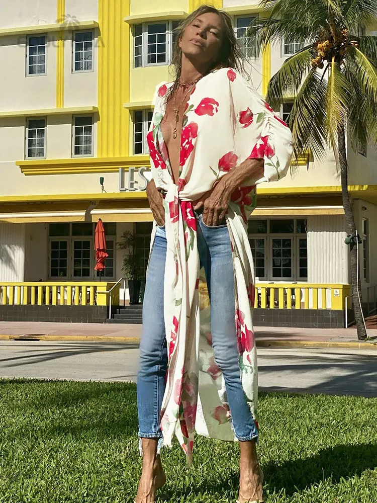 Bikini Cover-ups Boho Print Self Belted Long Sleeve Kimono Dress Tunic Women Summer Clothes Beach Wear Swim Suit Cover Up A1013 long beach dresses Cover-Ups