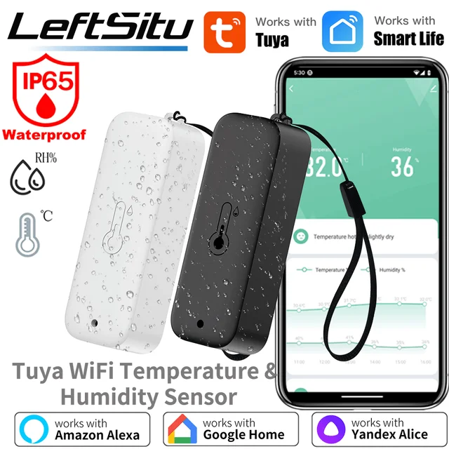 Tuya WiFi Outdoor Temperature Humidity Sensor Thermometer Smart Life Work with Google Assistant ,IP65 Waterproof+Hanging Rope 1
