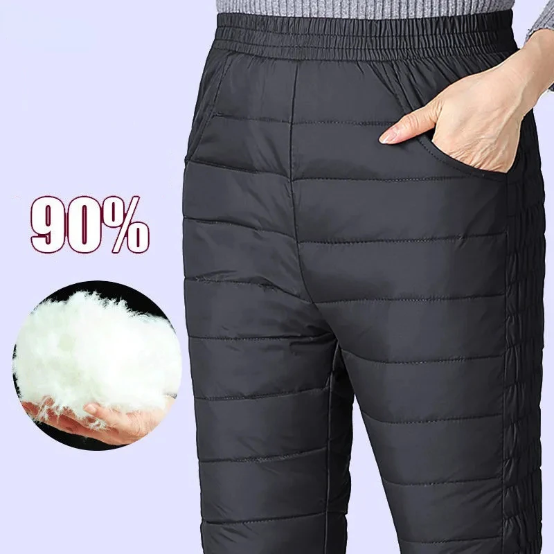 5XL Plus Size Warm Elastic Waist Winter Trousers Women Snow Wear Cotton Thick Pantalones Mom's Black/Red White Duck Down Pants