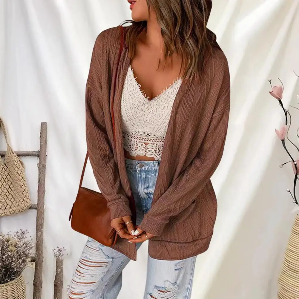 

Осеннее пальто, однотонный кардиган с открытым стежком и длинным рукавом, Свободный вязаный Повседневный эластичный женский свитер с защитой от усадки, пальто, свитер