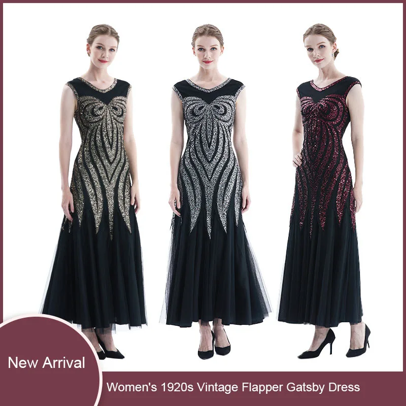 

Женское длинное вечернее платье, бальное платье с блестками и бисером, в стиле 1920-х, для свадьбы, выпускного вечера