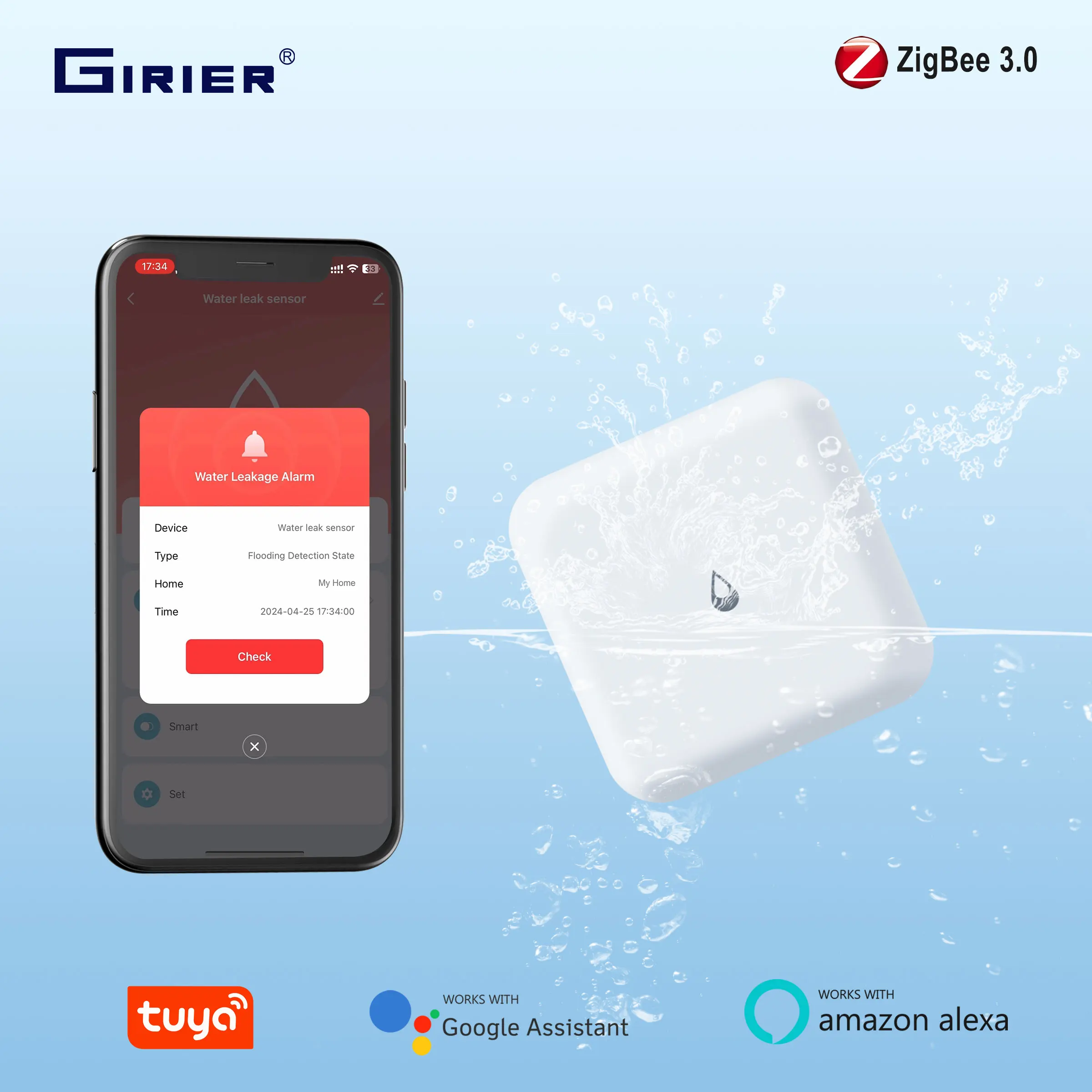GIRIER Tuya Smart ZigBee Water Leak Detector Wireless Water Leakage Sensor for Home Overflow Monitoring Work with Home Assistant water leak sensor