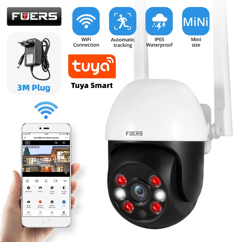 Fuers-Tuya Smart Outdoor IP Surveillance Camera, Home Security, Auto Tracking, Detecção Humana, CCTV, Wi-Fi, 3MP, 5MP