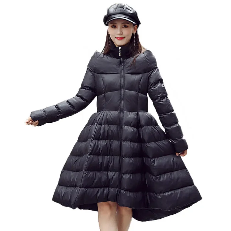 

Winter Women's Cold Coat Down Cotton Jacket Warm Thick Cotton-Padded Long Parka Tops Black White Overcoat Ruffled Female Outwear