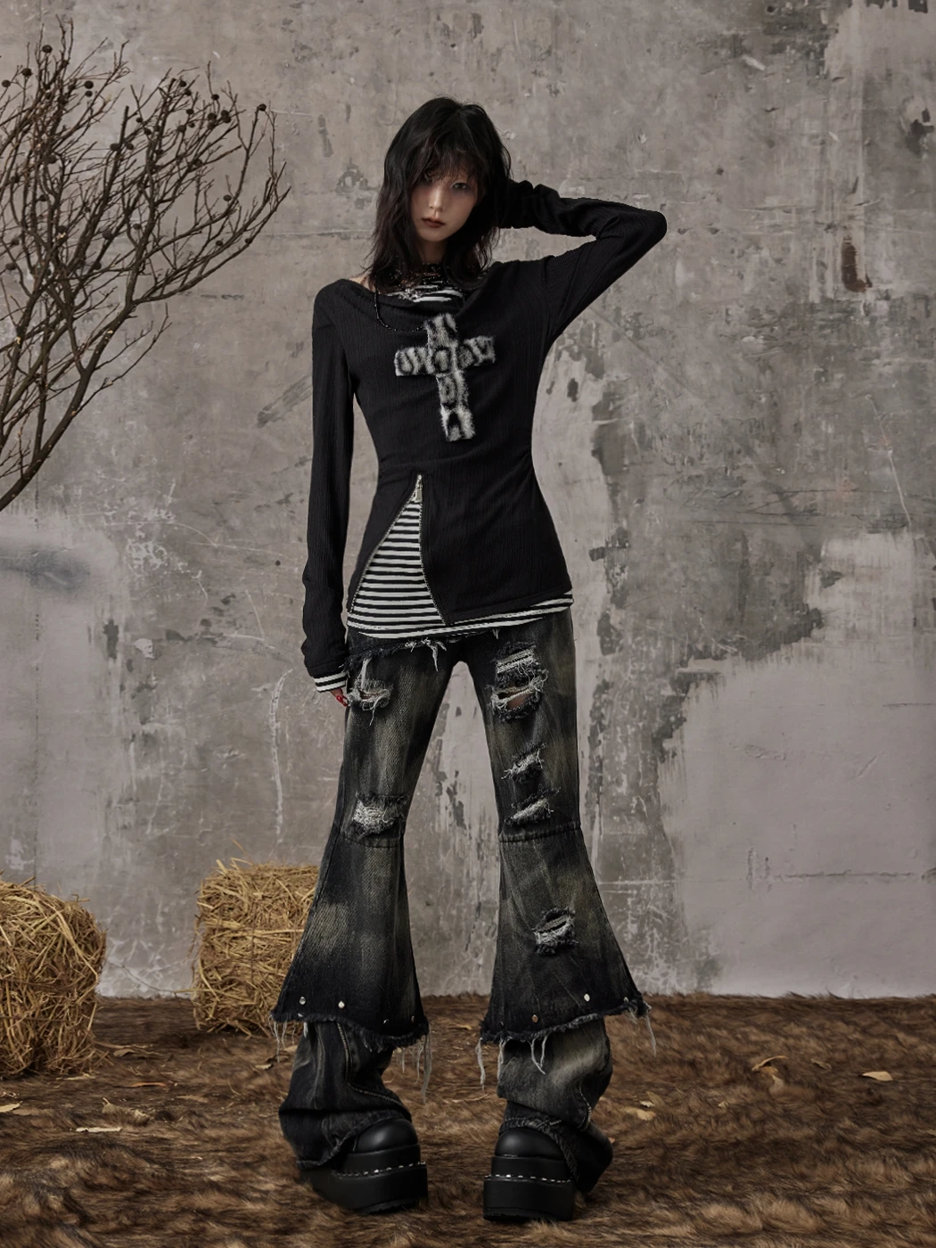 Karrcat Grunge Aesthetics Fake Zweiteilige Tops Trashy Y2k Langarm Strickoberteile Wasteland Punk Patchwork Tops Gothic Vintage – Detail 20