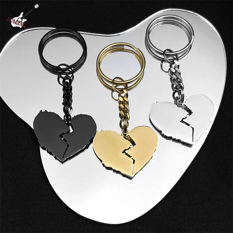 Gothic Punk Broken Heart Key Chain for Women Men Stainless Steel Black Gold Silver Color Hip Hop Music Bag Pendant Jewelry K3432