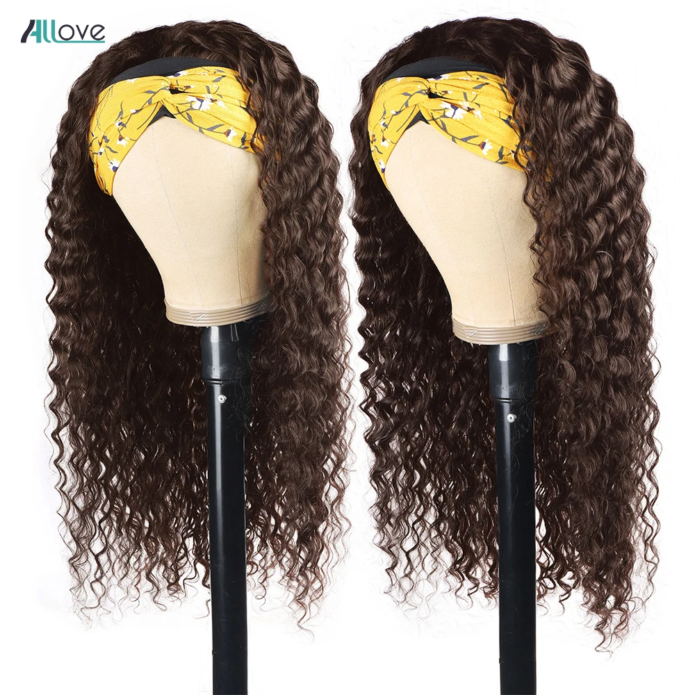 Allove #4 Brown Headband Wig Full Machine Made Wigs Deep Wave Brazilian Remy Human Hair Scarf Wig For Women Deep Curly human hair wigs