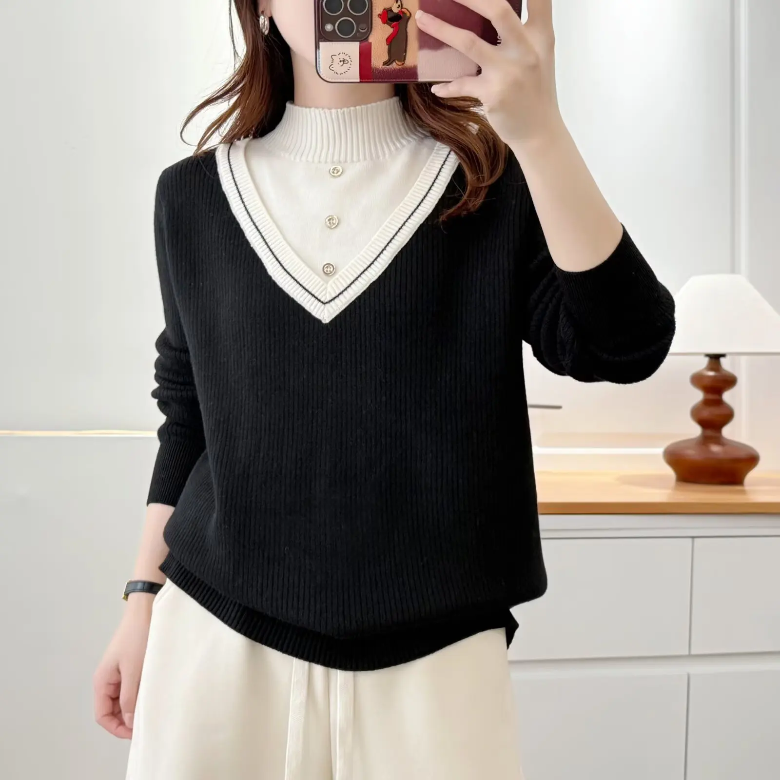 XXXXL Fashion Plus Size Women's Sweaters One-piece Fleece Fake Two Piece Warm Knitted Base Mock Neck Jumpers Autumn Winter 2585