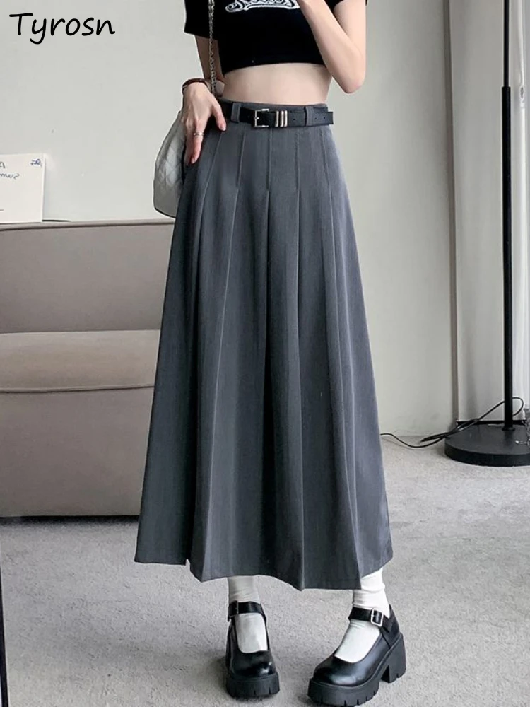 

Skirts Women Folds Preppy Casual Simple Pure All-match Empire Korean Style Tender Students Cozy Midi Faldas Autumn Retro Classic