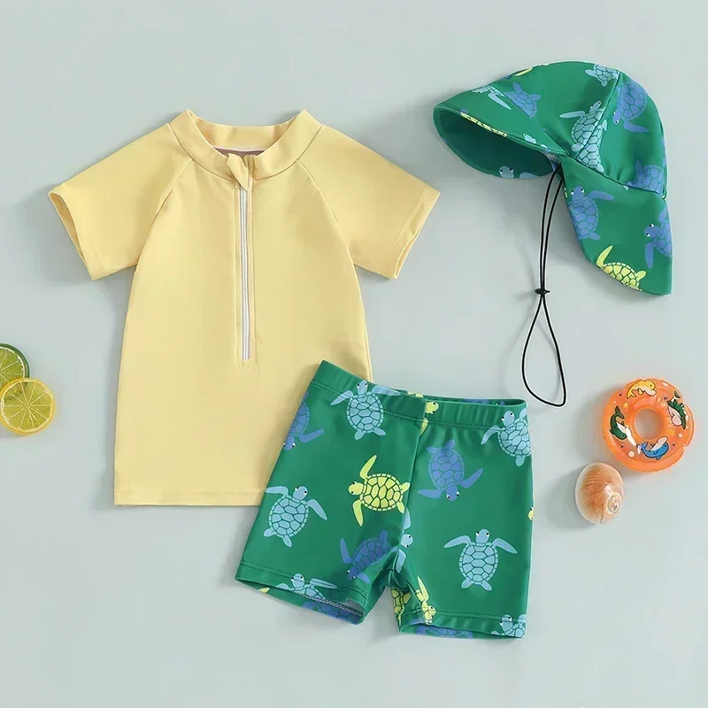 Toddler Boys Rash Guard Set, 3 Piece Swimsuit Suit, Short Sleeve Tops Turtle Print Swim Trunks Swim Cap Bathing Suit