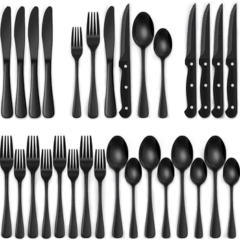 Set di posate nere con coltelli da bistecca, set di posate per 4, stoviglie per uso alimentare, set di posate, set di utensili con finitura a specchio 1