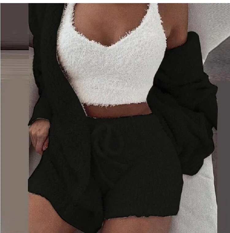 Sexy Fluffy Outfits Plush Velvet Hooded Cardigan Coat+Shorts+Crop Top Three Piece  Women Tracksuit Sets Casual Sports Sweatshirt loungewear sets