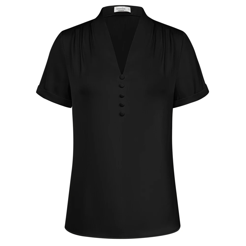 Jasambac Shirt Women V-Neck Blouse OL Comfy Short-Sleeve Pullover Tops Summer Blouses Female Causal T-Shirts Blusas Femininas
