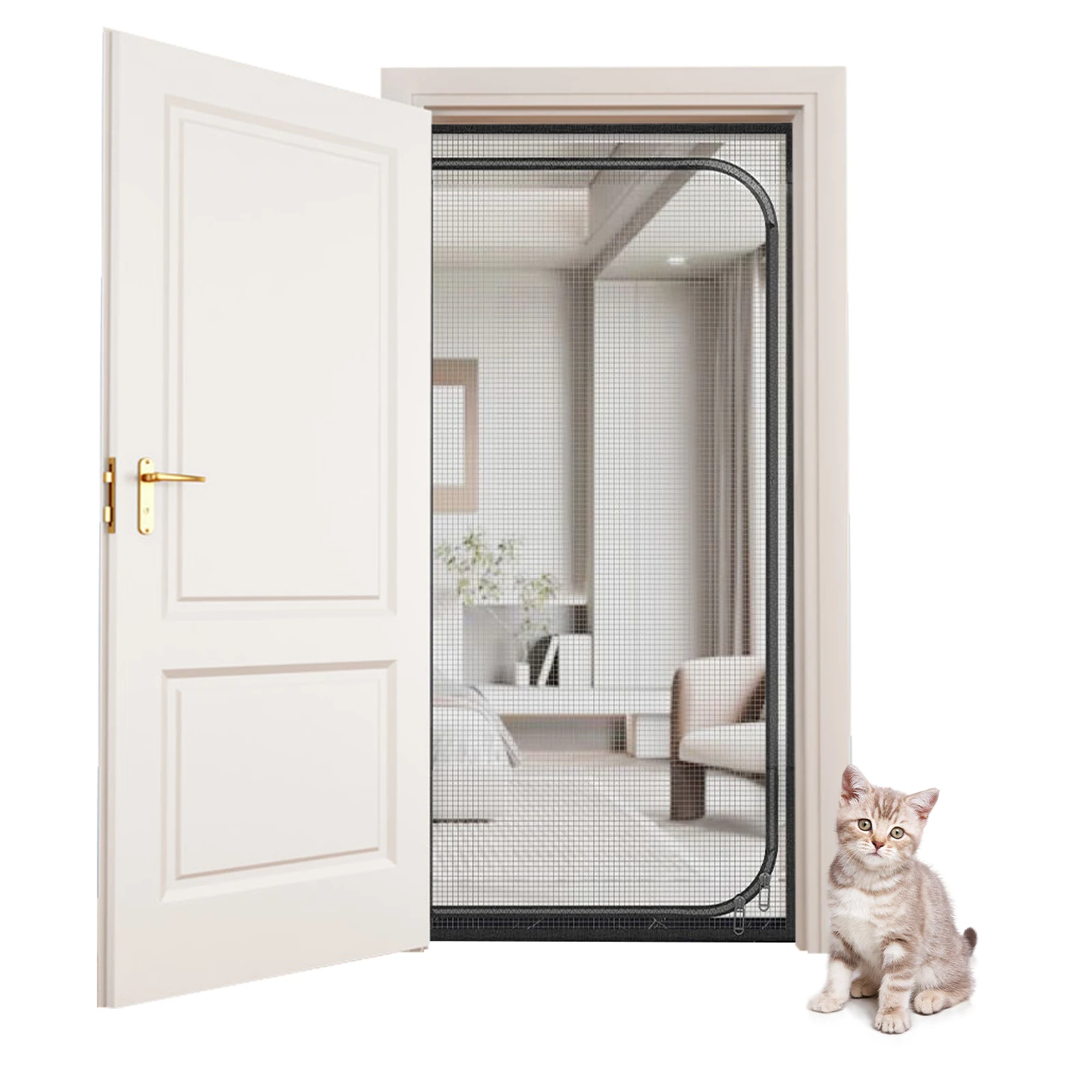 Cat Screen Door, Heavy Duty Pet Screen Door, Prevent Dogs and Cats from Running Around, Partition Mesh, Double Zip